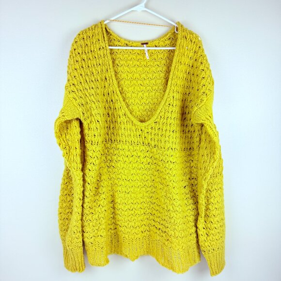 Free People Chunky Knit Deep V-Neck Sweater Pullover - Picture 2 of 8